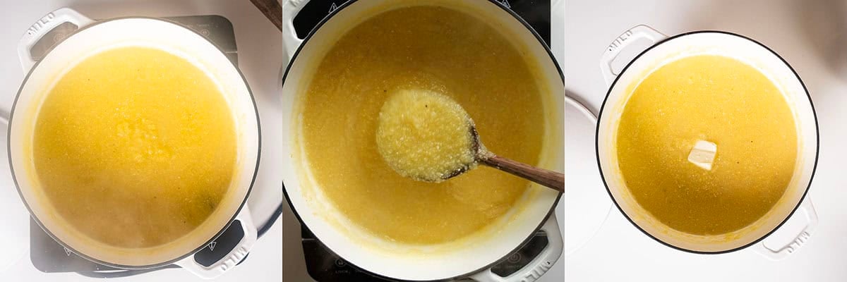 Polenta simmering in a pot.