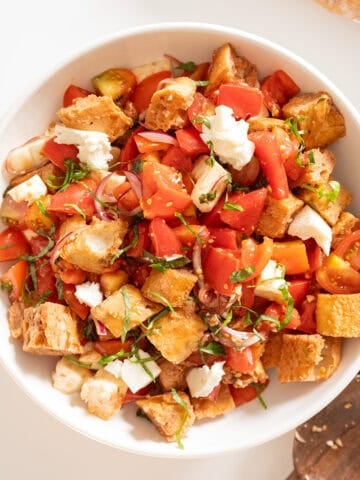 Panzanella bread salad in a bowl.