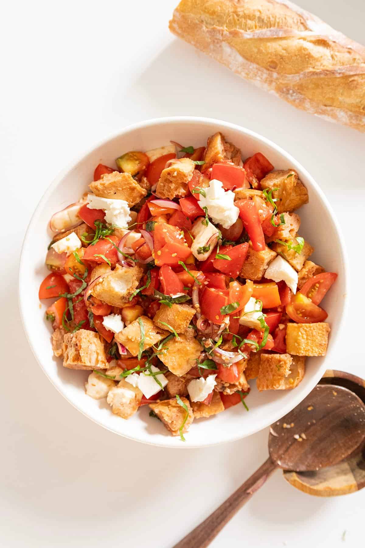 Panzanella bread salad in a bowl.