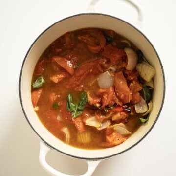 Tomato and onions combined with chicken broth in a pot.