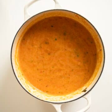 Tomato soup blended in a pot.