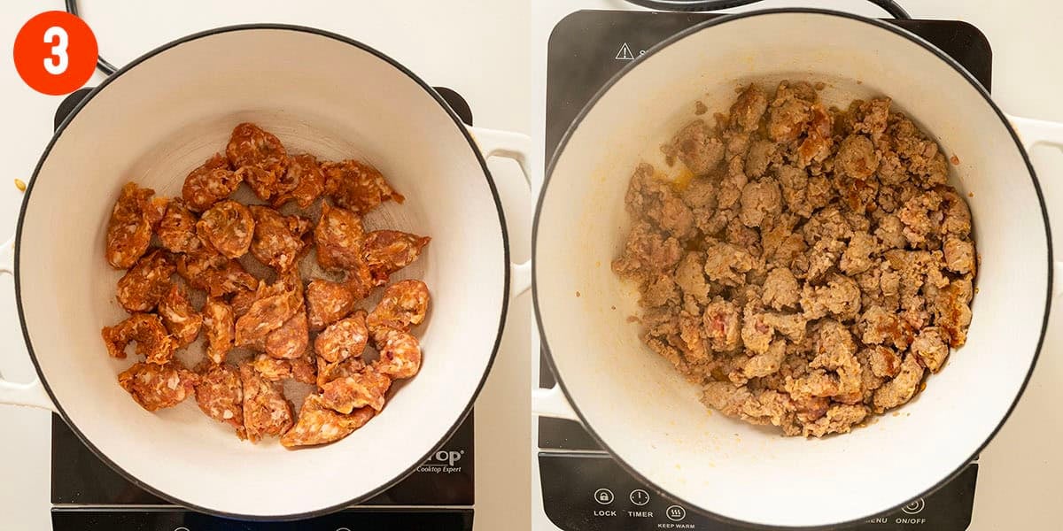 Searing sausage until browned.