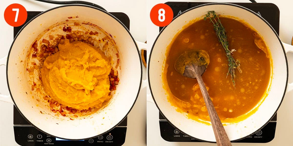 Caramelizing butternut squash puree and simmering with chicken broth.