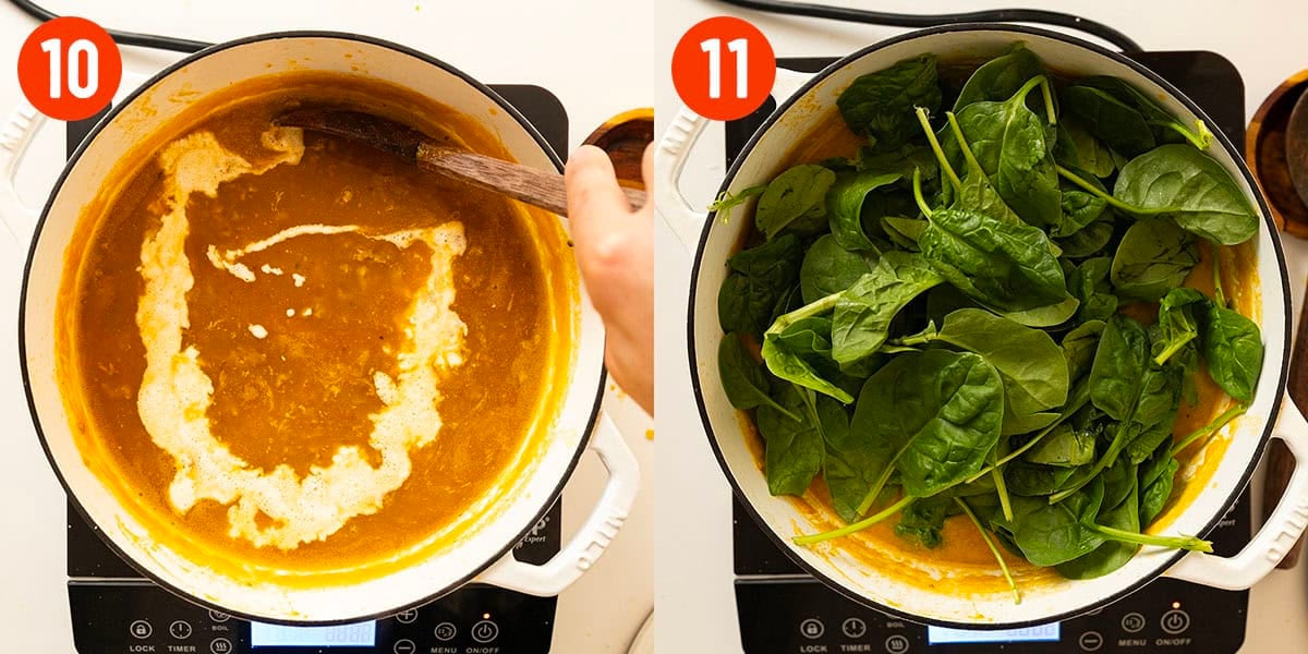 Adding heavy cream and spinach to soup.