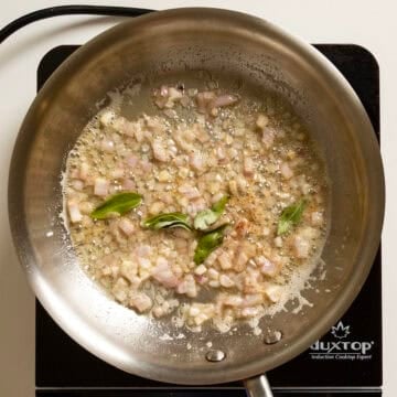 Sauteing shallots and sage in brown butter.
