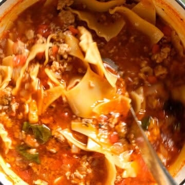 Lasagna noodles added to soup.