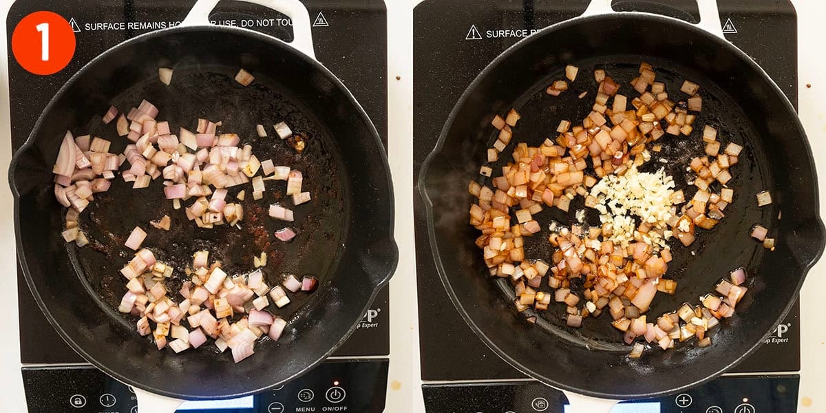 Sauteing shallots and garlic in the saucepan.