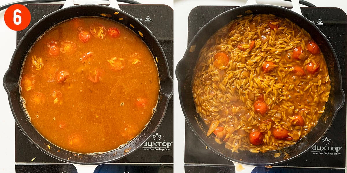 Simmering orzo in chicken broth.