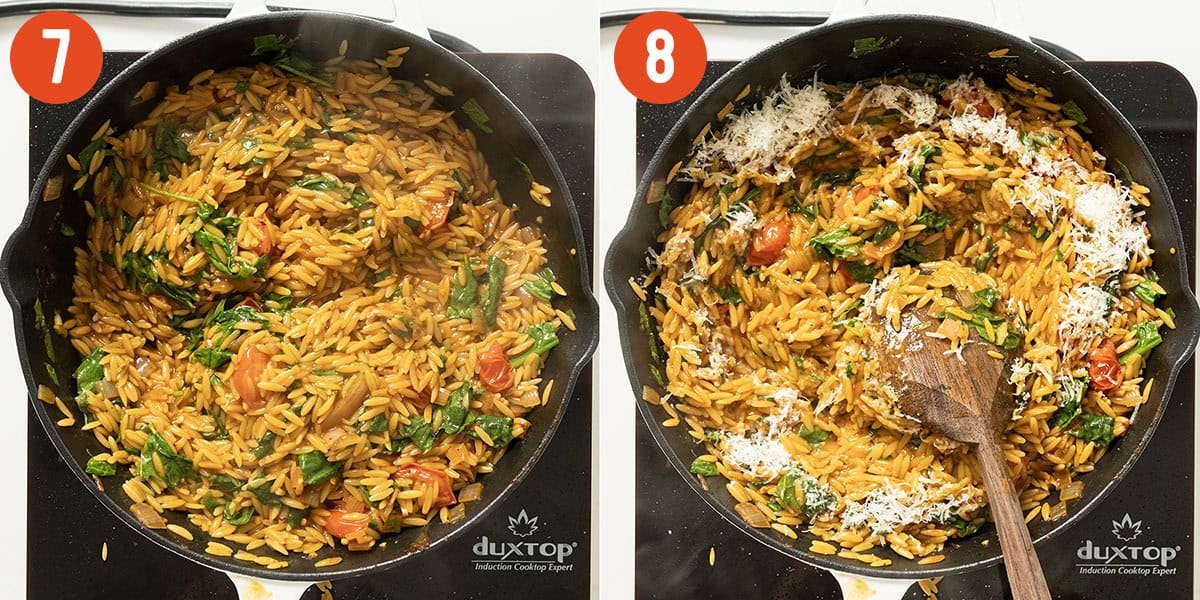 Combining orzo with spinach and parmesan.