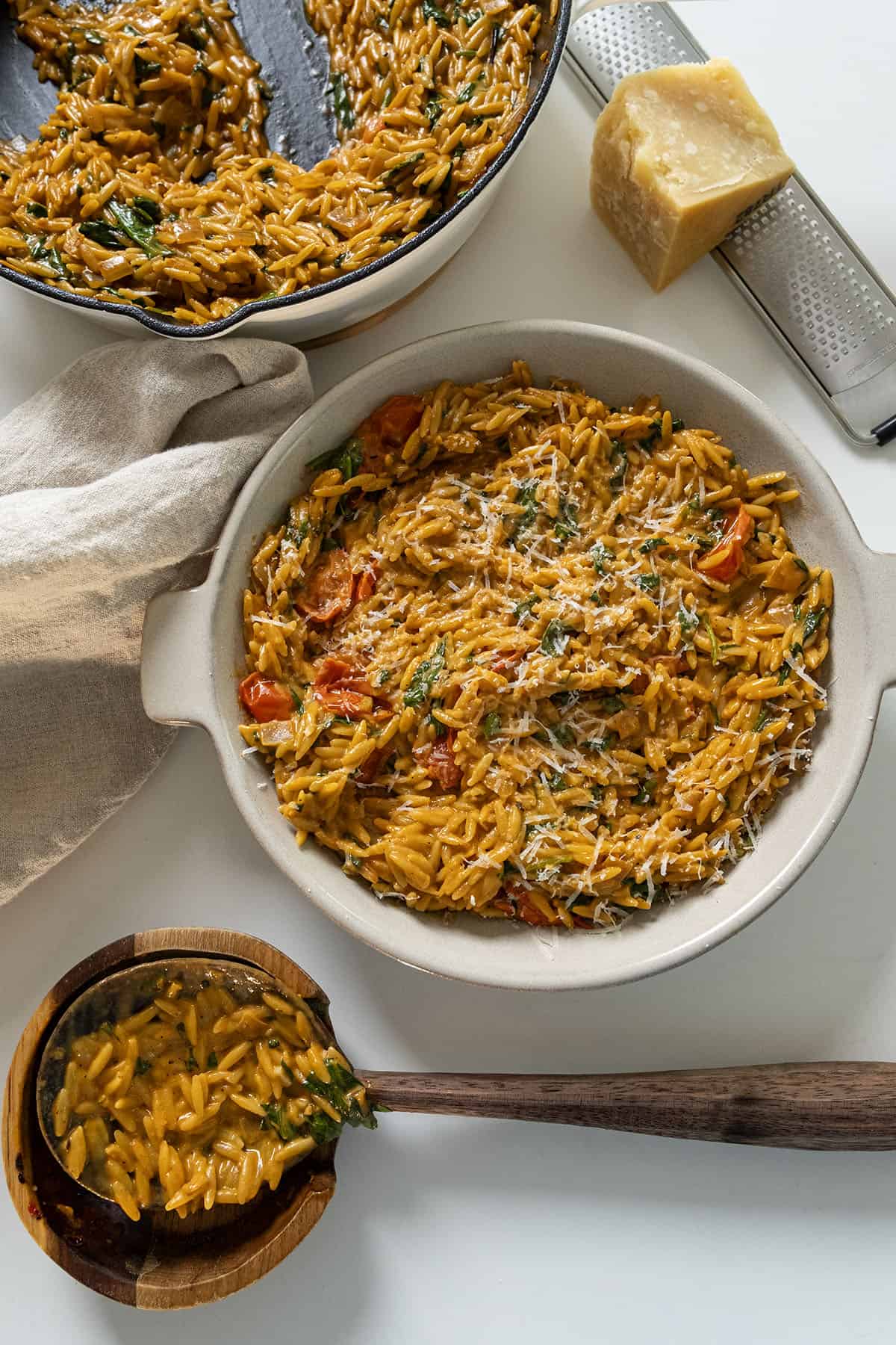 Creamy tomato orzo in a bowl.