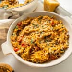 Creamy tomato orzo in a bowl.
