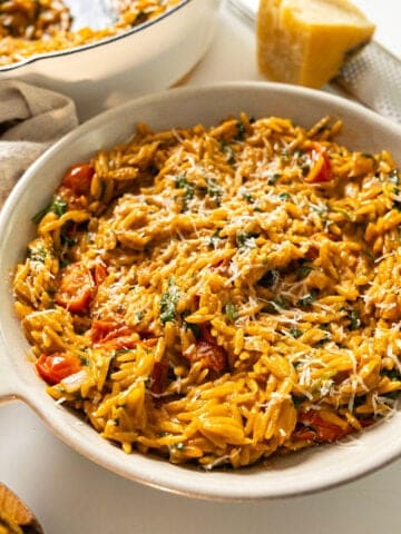 Creamy tomato orzo in a bowl.