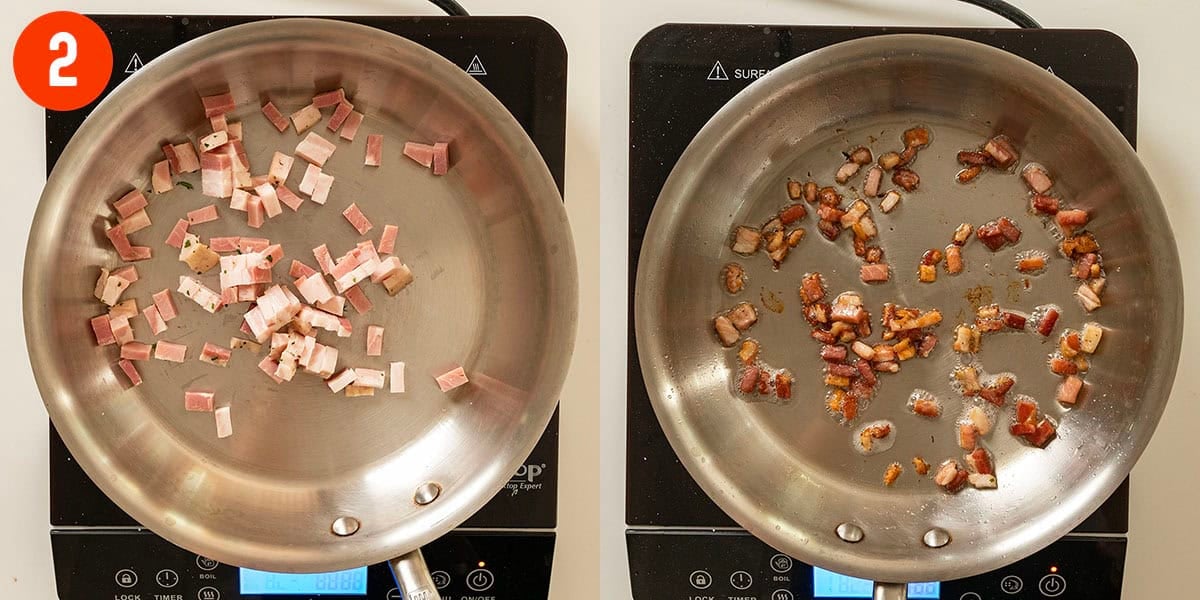Frying pancetta in a saucepan until golden brown.