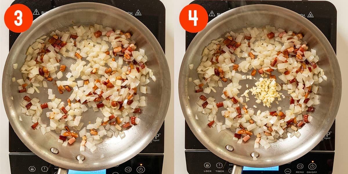 Sauteing onions and garlic in oil from pancetta.