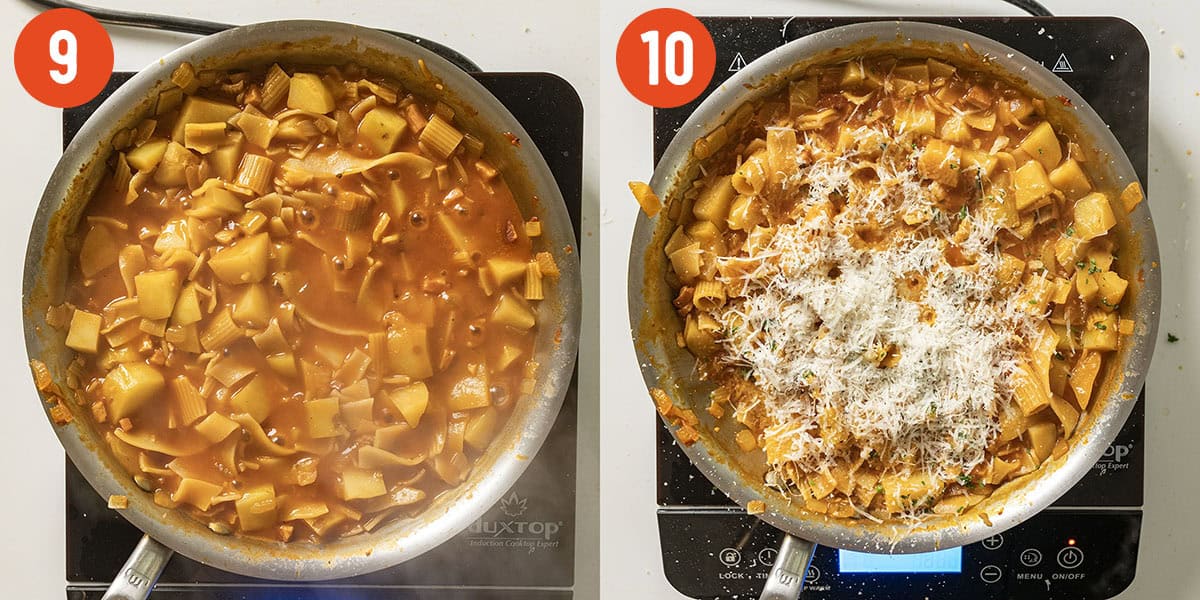 Pasta and potatoes simmering in broth combined with parmesan.