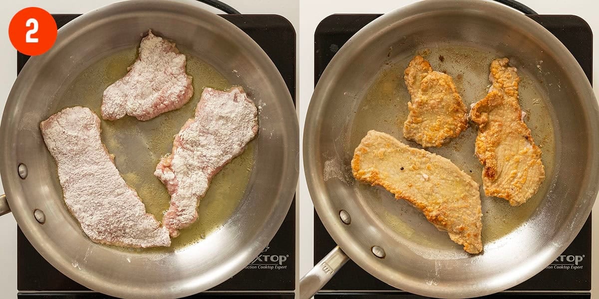 Veal frying in a saucepan until golden brown.