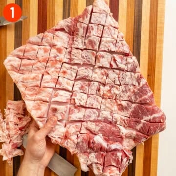 Cross hatching pork belly.