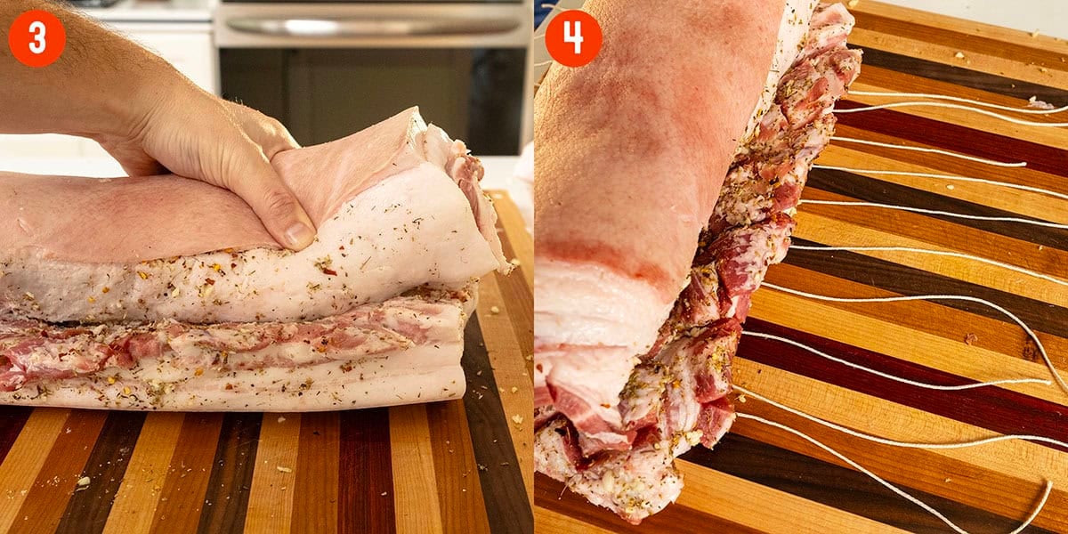 Rolling and tying porchetta from the outside in.