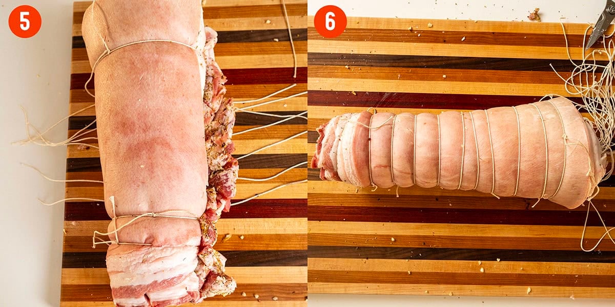 Rolling and tying porchetta from the outside in.
