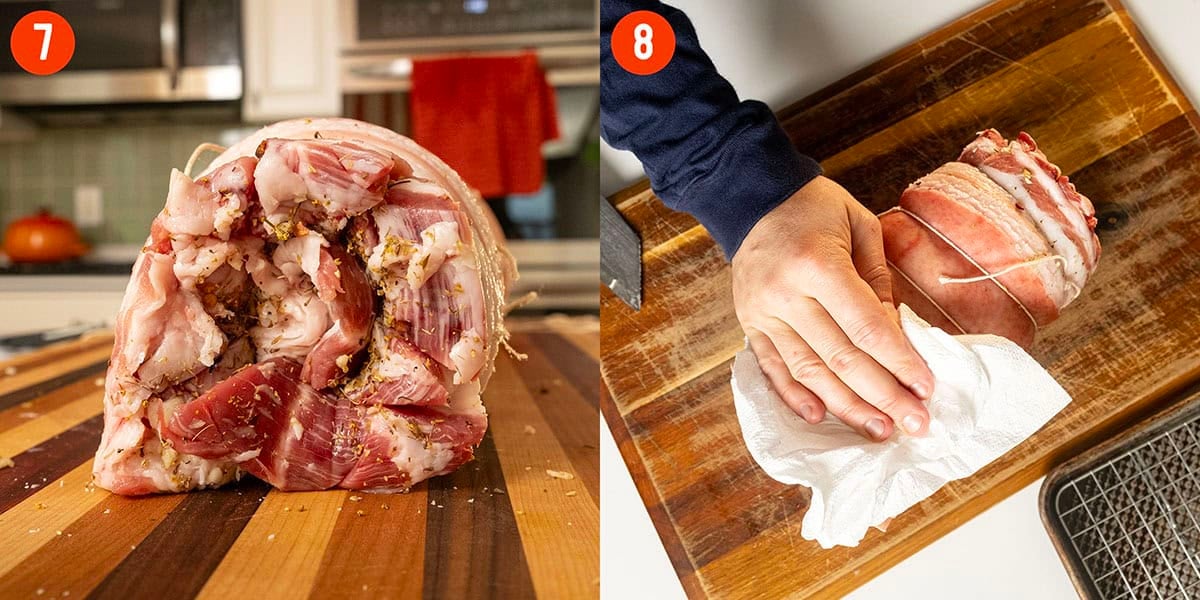 Patting pork belly dry.