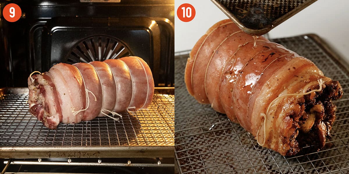 Roasting and basting porchetta.