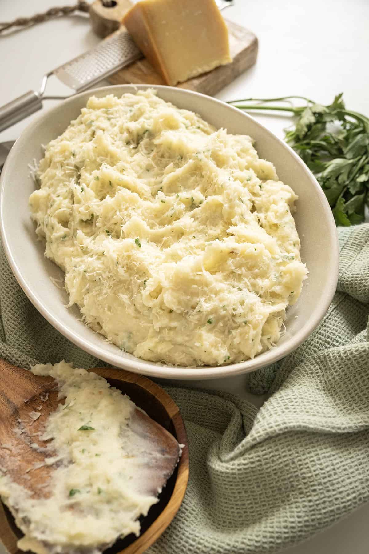 Garlic parmesan mashed potatoes in a bowl.