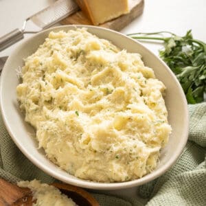Garlic parmesan mashed potatoes in a bowl.