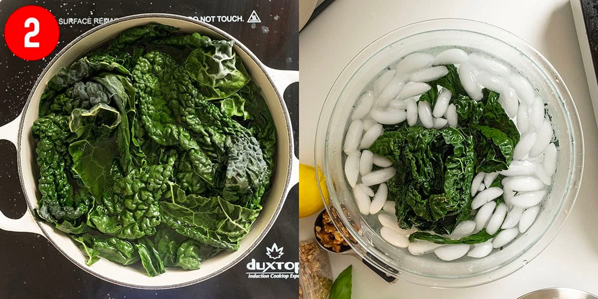 Boiling and blanching kale.