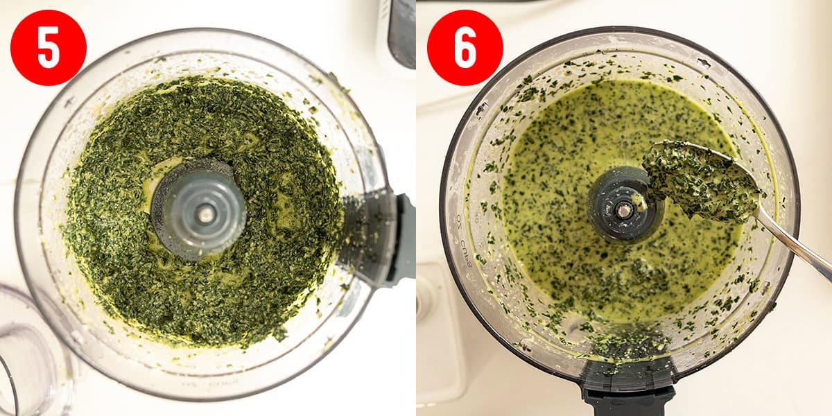 Oil and pasta water added to pesto and processed.