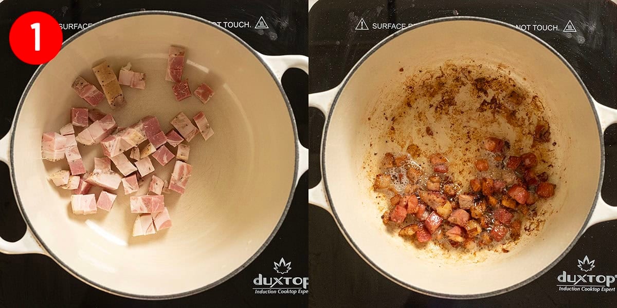 Frying pancetta in a saucepan.
