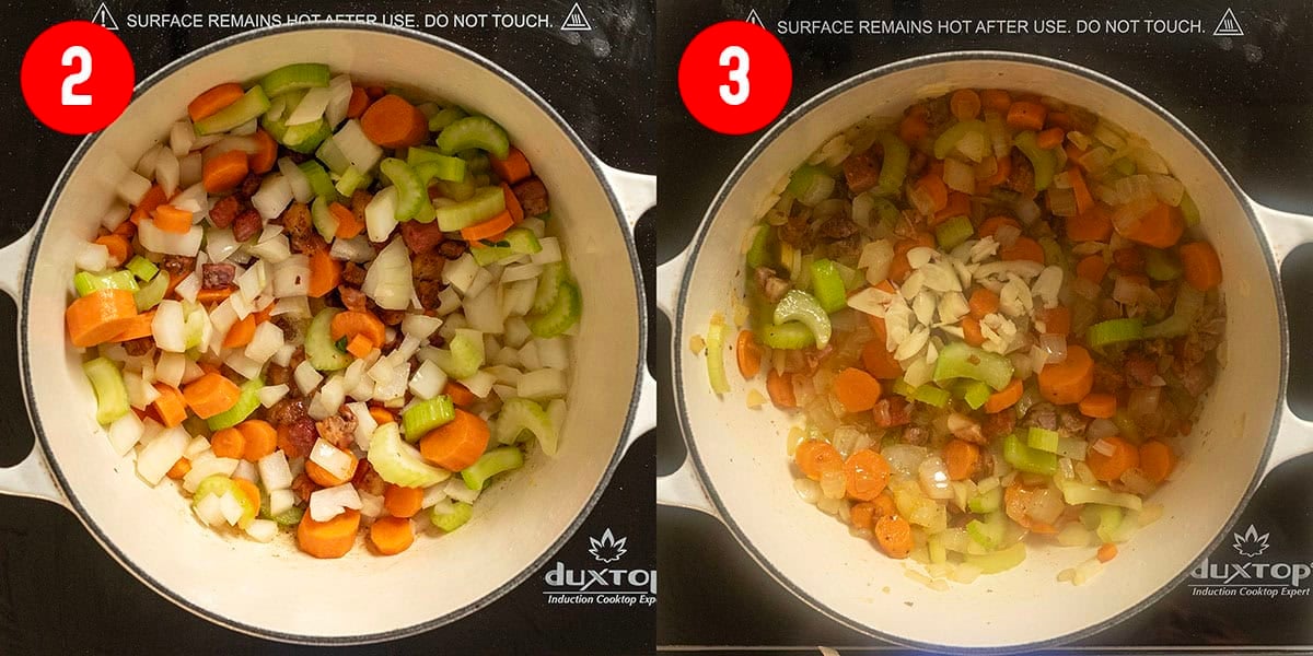 Sauteing sofrito in a dutch oven with garlic.