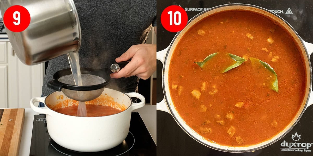 Straining clam juice into soup and adding chicken broth.