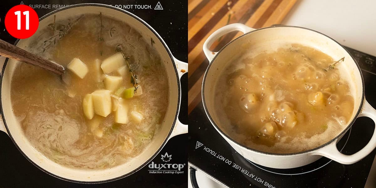 Simmering potatoes in soup.