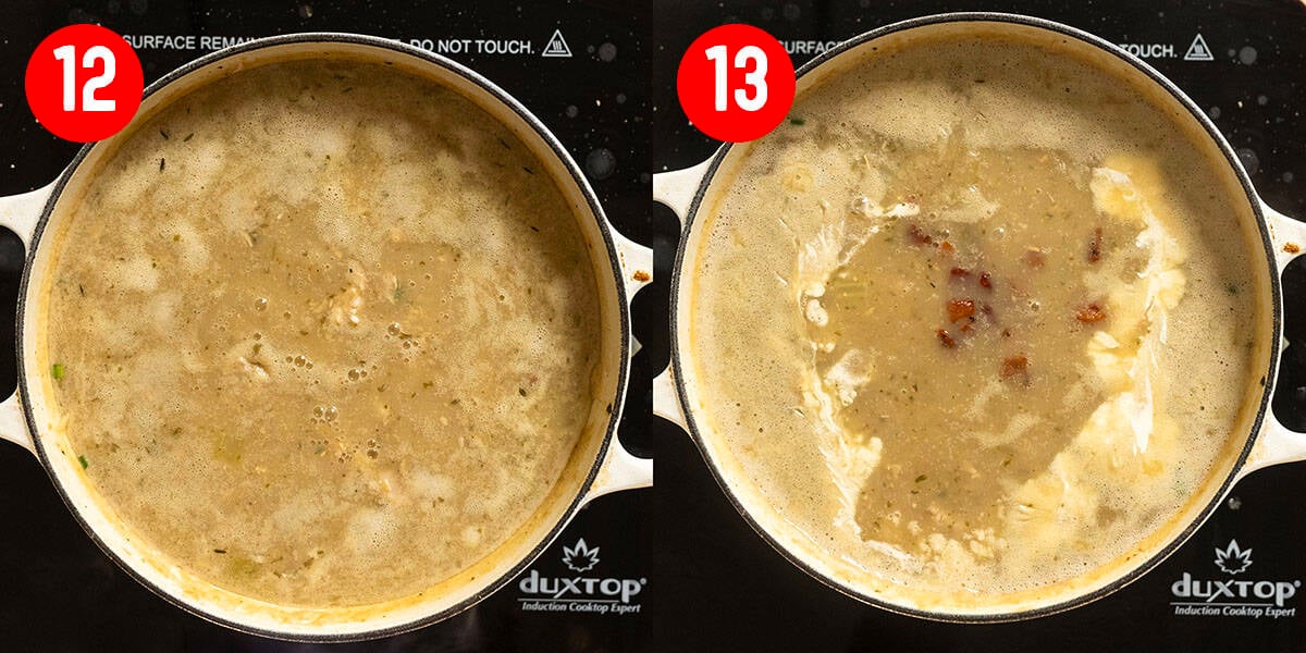 Adding clams, pancetta, and heavy cream to the soup.