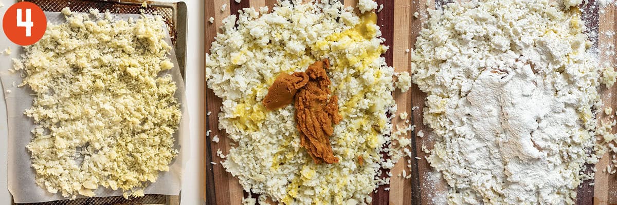 Ricing potatoes and combining with egg yolk, pumpkin, and flour.