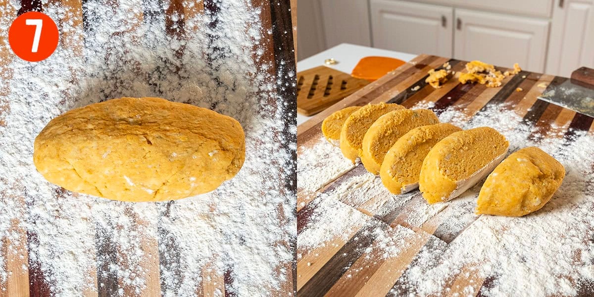 Dough rolled into a log and chopped into disks.