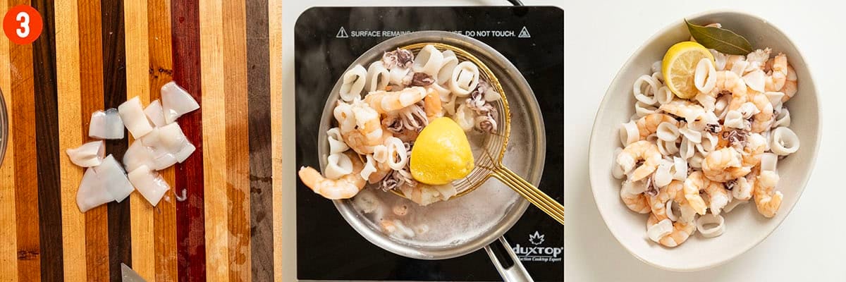 Boiling shrimp and calamari.