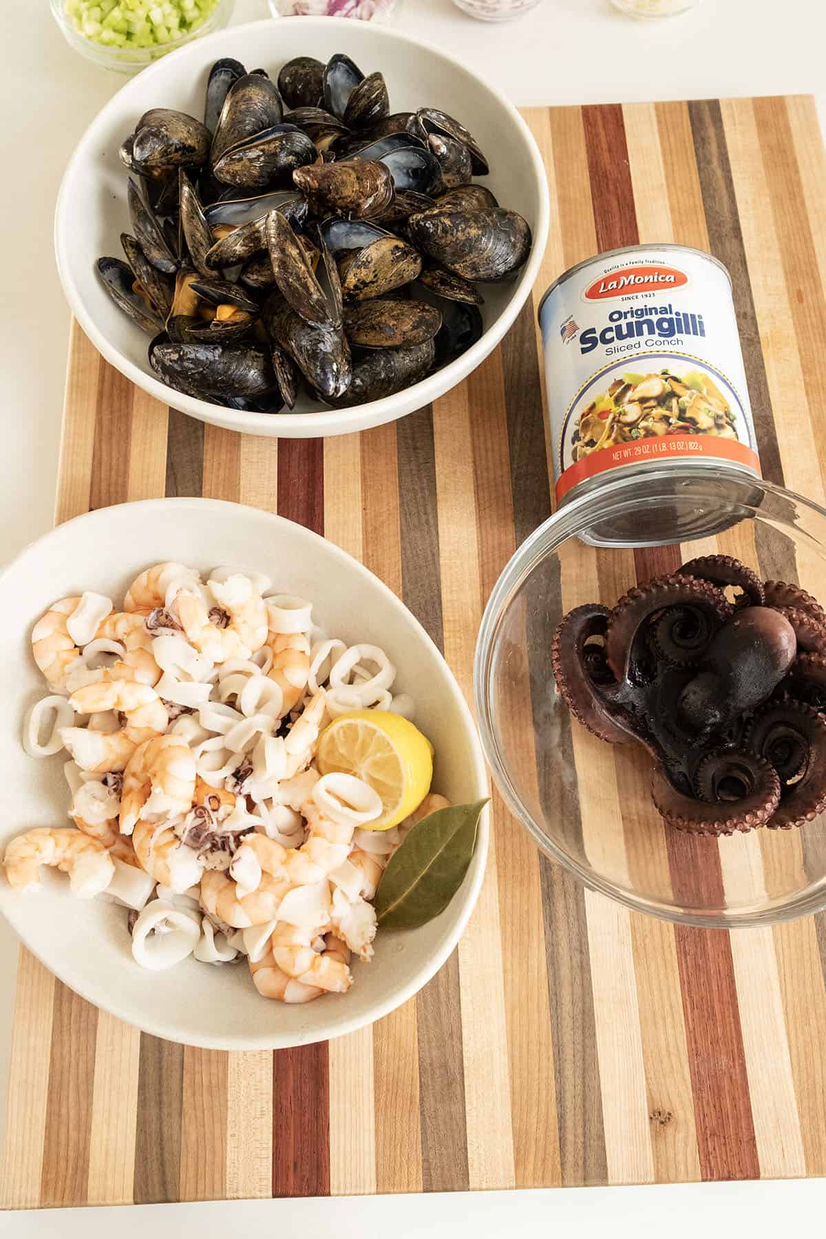 Cooked seafood on a cutting board. 