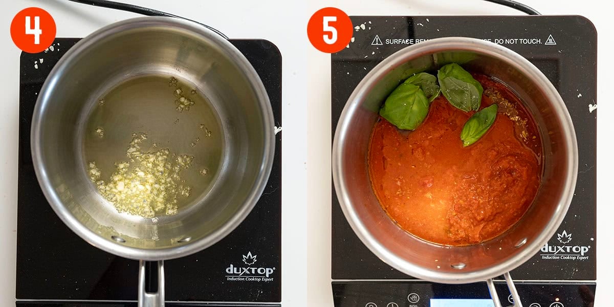 Sauteing garlic and marinara simmering in a pot.