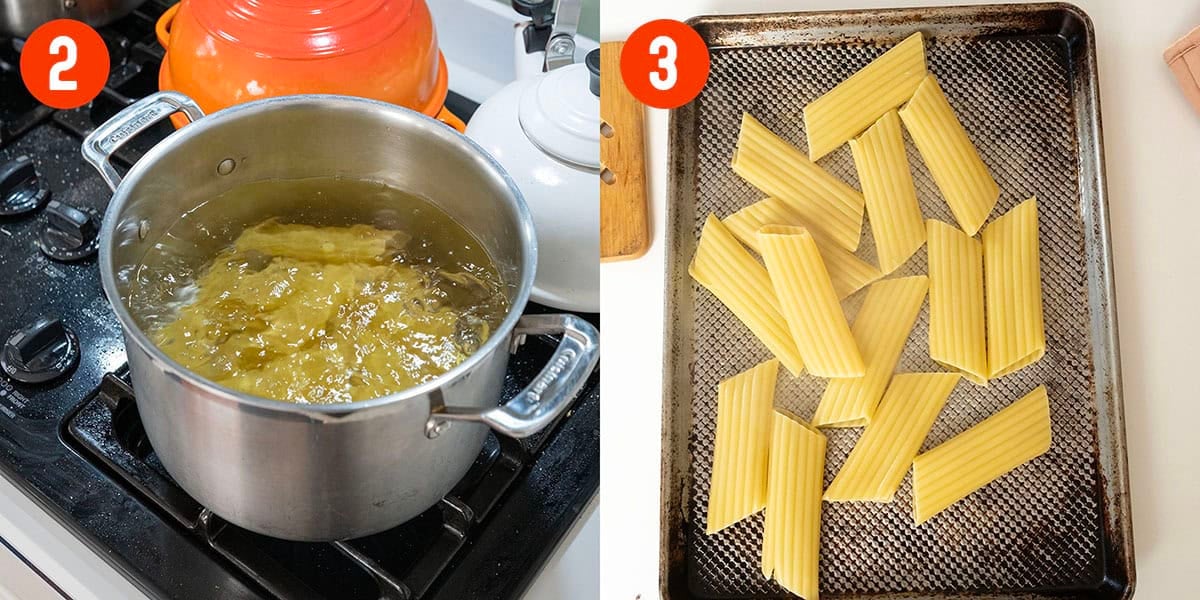 Boiling manicotti and laying them on a greased baking sheet.