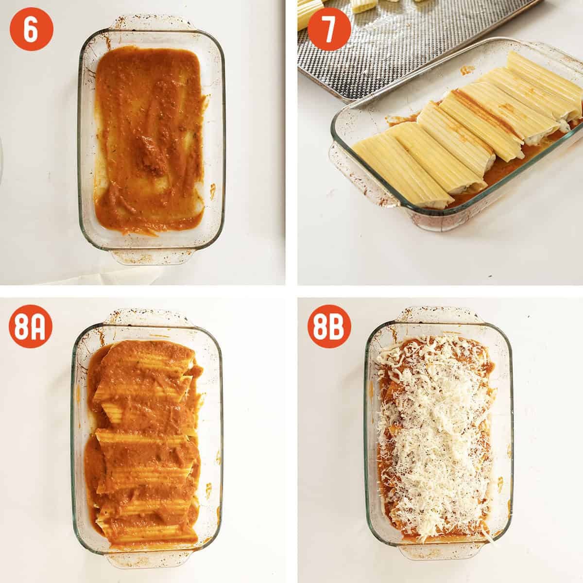 Layering filled manicotti in a baking dish, topping with cheese.