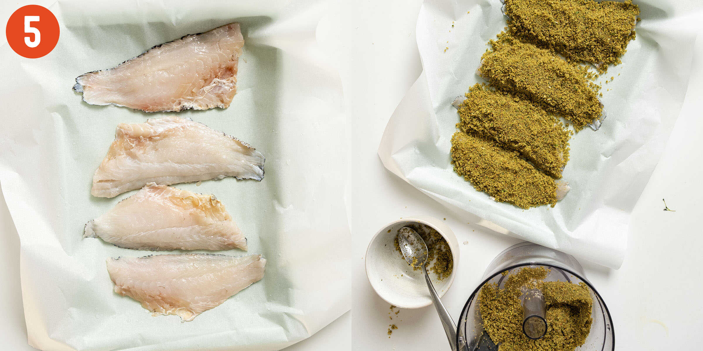 Prepping sea bass with pistachio breadcrumb mixture.