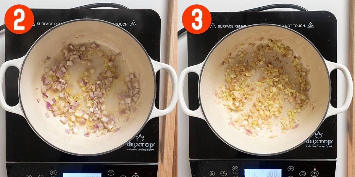 Sauteing shallots and garlic in a dutch oven.