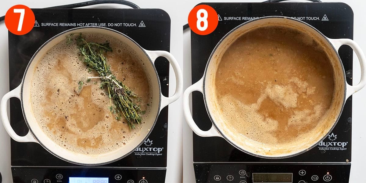 Simmering fennel and white bean soup with thyme and bay leaves.