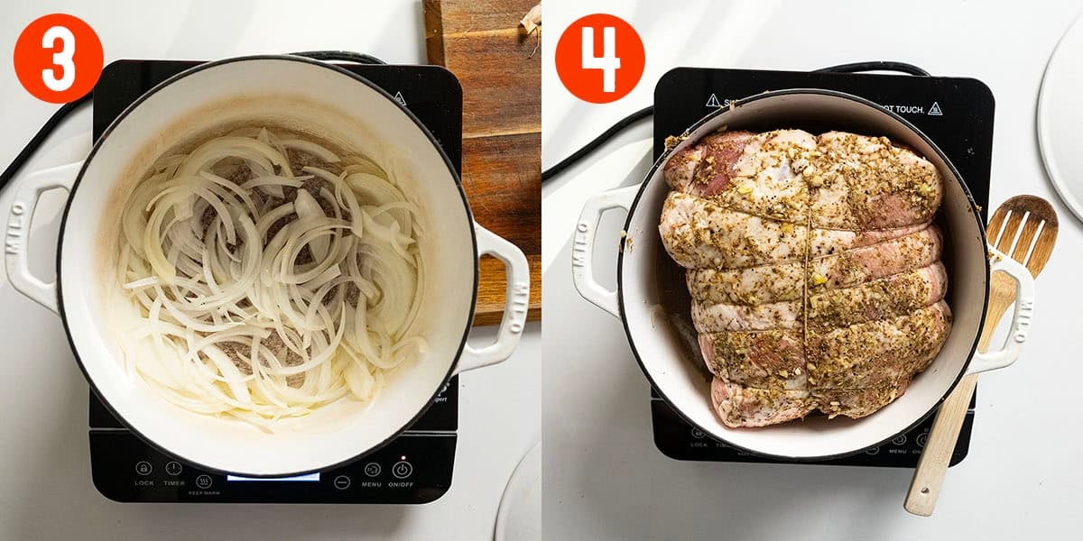 Sautéing onions and placing pork shoulder in dutch oven.