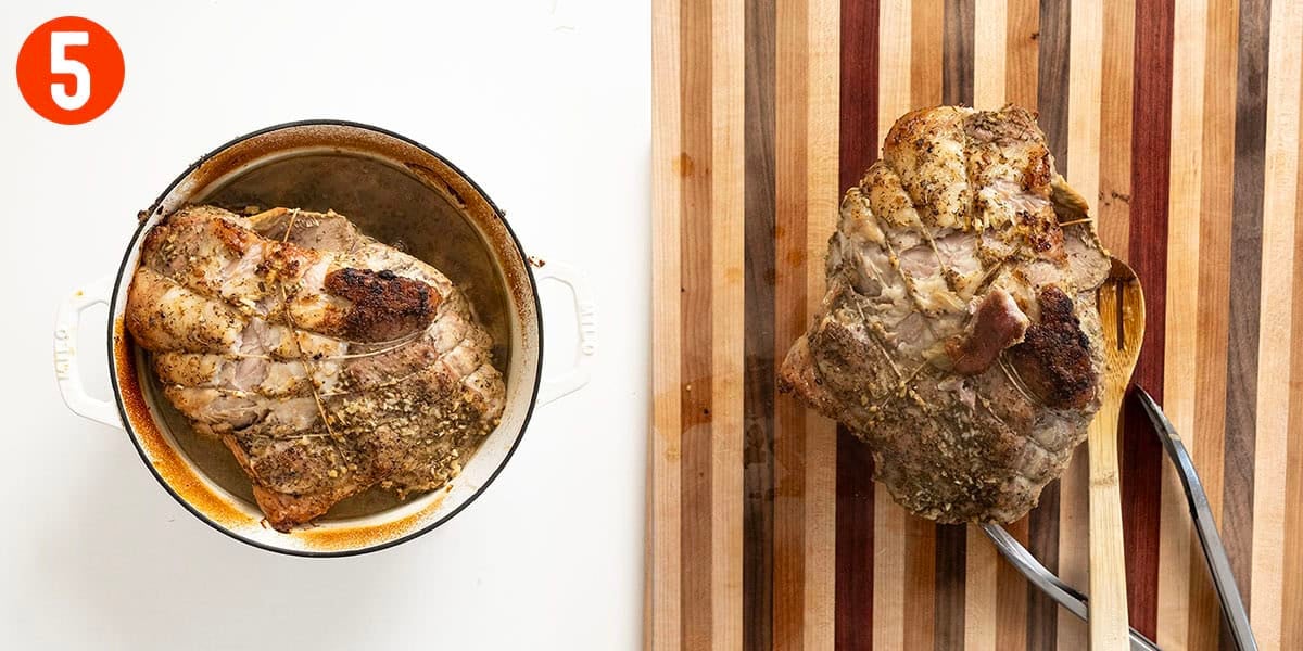 Removing dutch oven from the oven and resting the pork shoulder.