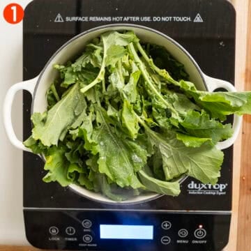 Broccoli rabe in a dutch oven.