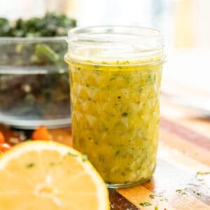 Lemon garlic vinaigrette in a mason jar.