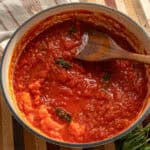 Spicy marinara sauce in a pan.