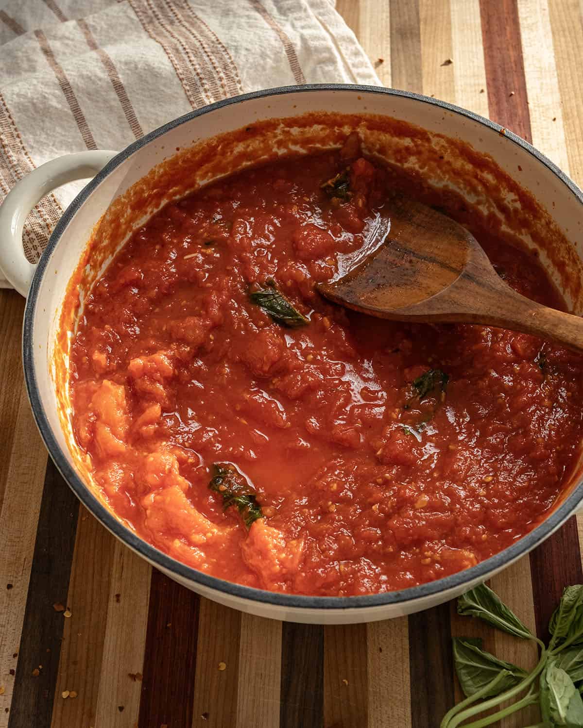 Spicy marinara sauce in a pan.